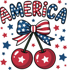 Cherry and bow combo under America banner filled with stars and stripes for fun playful July 4th vibe  
