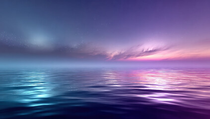 Obraz premium Serene ocean view at twilight, showcasing gradient of purple and blue hues reflecting on calm waters. tranquil atmosphere evokes sense of peace and wonder