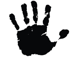 A black handprint shows the shape and size of a human hand against white