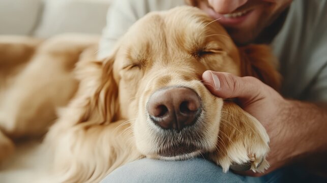 A golden retriever relaxes with its owner's comforting touch, radiating happiness and trust, emphasizing the deep bond shared between humans and their beloved pets.
