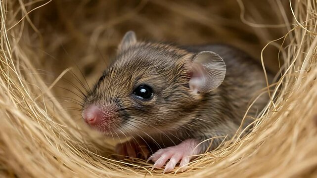 Adorable Close-Up of a Wild Mouse in its Cozy Nest, Wildlife and Nature Footage