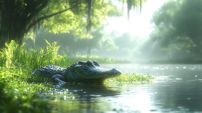 A serene alligator resting on lush greenery by a tranquil river surrounded by misty trees - Powered by Adobe