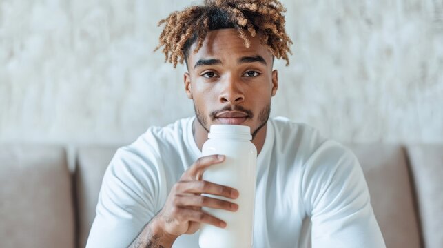 A young athletic man with stylish hair is enjoying a bottle of milk, reflecting wellness and fitness in a minimalist and modern atmosphere.