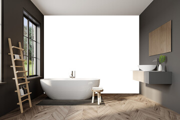 Contemporary black wall bathtub scene with round white basin vanity, oak mirror and wooden herringbone floor - modern luxury bathroom – Transparent Wall Mockup with Realistic Shadows – 3D render