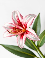 Fototapeta premium A vibrant, close-up shot of a striped pink and white lily, with green leaves, set against a clean white background