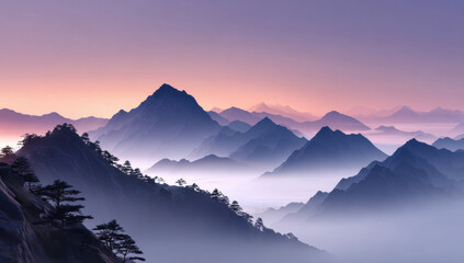 Breathtaking mountain landscape at dawn, featuring layered peaks shrouded in mist, with soft purple and pink sky illuminating scene. tranquility of nature evokes sense of peace and wonder