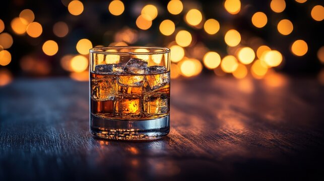 A glass of amber whiskey with ice cubes, sits on a dark wooden table.  Warm, festive, holiday lights blur in the background