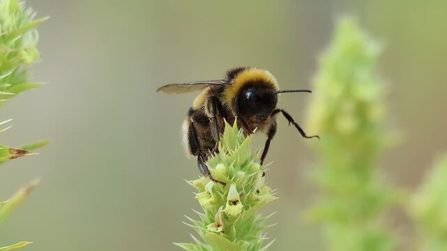 Abejorro Bombus terrestris con torpes y extra&ntilde;os movimientos justo despues de despertar en la ma&ntilde;ana, parque natural Sierra de Mariola, Alcoy, Espa&ntilde;a