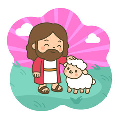 Cartoon Jesus and Sheep in Peaceful Meadow with Radiant Pink Skies