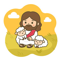 Cute Cartoon Jesus Sitting Peacefully with Lambs