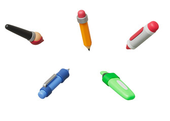 필기 도구 펜, 연필, 붓,형광펜,크레파스  Stationery Tools, Pen,Pencil, Brush, Highlighter and Crayon