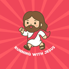 Happy Cartoon Jesus Running with Joyful Energy on Radiant Red Background