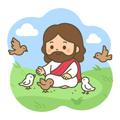 Gentle Cartoon Jesus Feeding Birds in a Peaceful Green Meadow