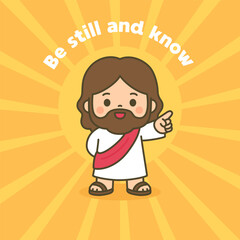 Peaceful Cartoon Jesus with Uplifted Hand Surrounded by Glowing Yellow Rays