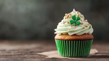 A delightful green cupcake adorned with a shamrock decoration and golden sprinkles, symbolizing St. Patrick's Day festivity and celebration.