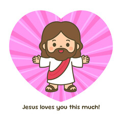 Loving Cartoon Jesus Spreading Arms in Front of Pink Heart Radiance