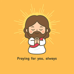 Prayerful Cartoon Jesus with Closed Eyes and Radiant Lines on Yellow Background