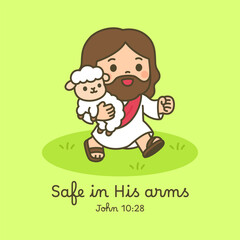 Cartoon Jesus Holding Lamb Peacefully on Soft Green Background with Comforting Message