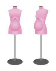 Realistic vector illustration of pregnant tailor mannequins for sewing maternity clothing. Female dress forms with baby bump for fashion design and garment fitting.