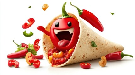 Smiling chili pepper burrito, food, fun