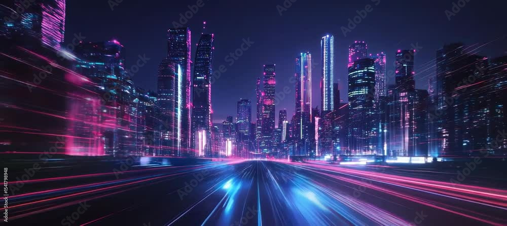 Poster Virtual digital highway road on cyberpunk neon city. Fast speed motion effect. Generative video AI technology.	
