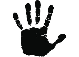 Textured human handprint reveals a unique individual mark, black on a white backdrop