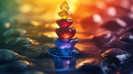 Obraz premium Colorful chakra stones stacked on wet pebbles radiate tranquility and harmony in a vibrant atmosphere
