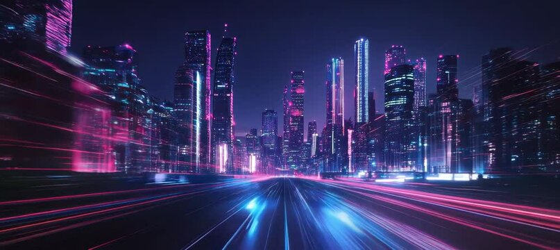 Virtual digital highway road on cyberpunk neon city. Fast speed motion effect. Generative video AI technology.	
