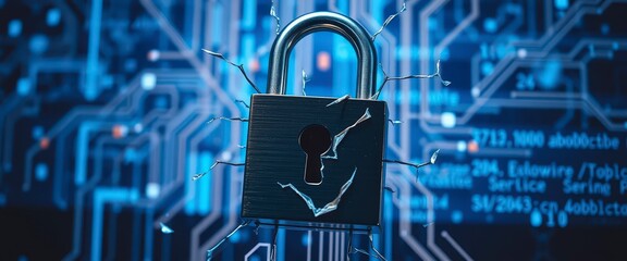 Broken padlock with cracks over circuit board, showing data text overlayed, blue light source with black background