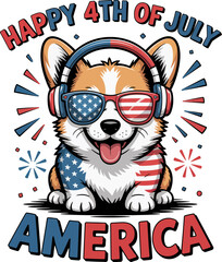 Patriotic corgi dog with American flag glasses and fireworks background celebrating 4th of July America  