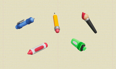 필기 도구 펜, 연필, 붓,형광펜,크레파스  Stationery Tools, Pen,Pencil, Brush, Highlighter and Crayon
