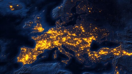 Map of the Europe continent with glowing lights in yellow and orange representing bustling city activity at night with Earth's blue surface in background