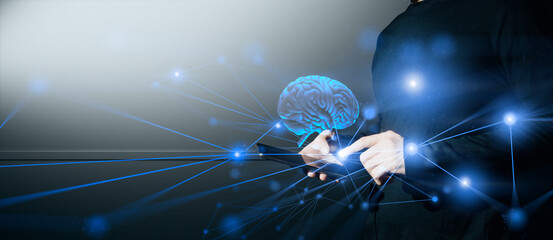 hand of businessman interactive touching a holographic of transaction financial network data...