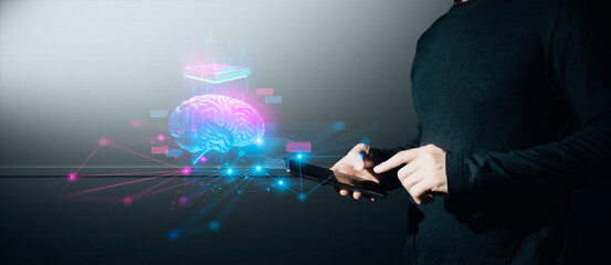 hand of businessman interactive touching a holographic of transaction financial network data...