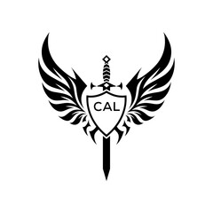 CAL Black and White Heraldic Emblem with Wings and Sword, CAL Later Logo, Guardian Angel Sword and Shield Tribal Vector, Winged Sword and Shield Logo Design with Tribal Style. 
