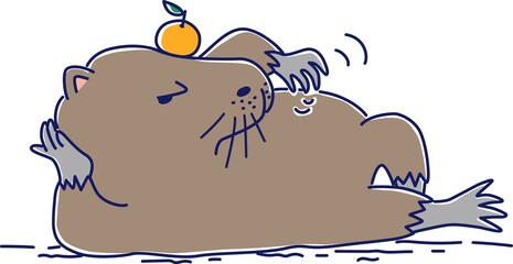 みかんを頭に乗せ横向きに寝そべり、脇腹をかくカピバラのイラスト