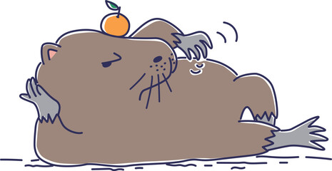 みかんを頭に乗せ横向きに寝そべり、脇腹をかくカピバラのイラスト
