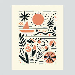 Abstract summer poster or card in simple scribble style, with summer vacation theme