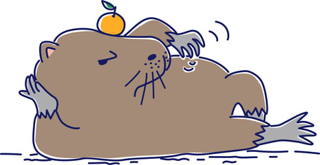 みかんを頭に乗せ横向きに寝そべり、脇腹をかくカピバラのイラスト
