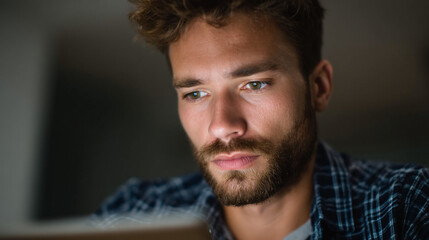 Sad man forgetting password to his tablet.