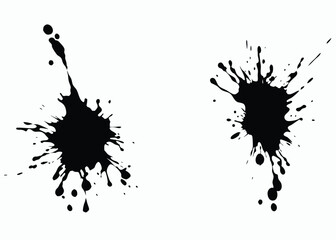 Two black paint splatters are isolated on a stark white plain background