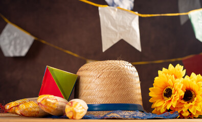 Festa Junina table, a typical June party in Brazil with accessories, selective focus.