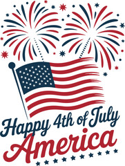 American flag waving under red fireworks with happy 4th of July America text in soft serif font  