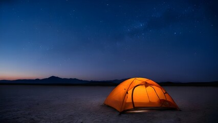 Glowing tent under a starry night sky in a remote desert landscape