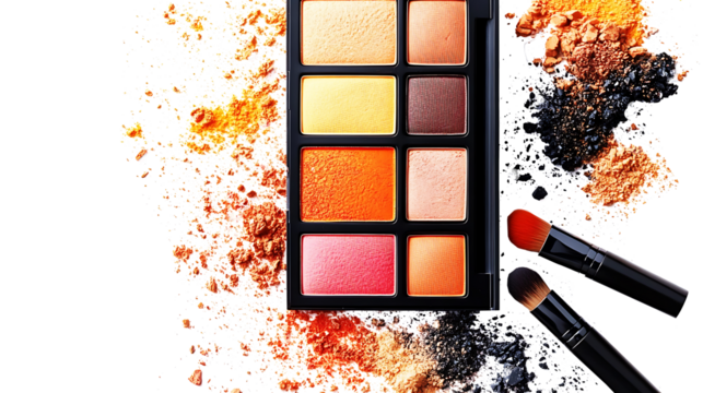 Colorful cosmetic brushes and makeup sets for beauty and glamourIsolated on white background, clipping path included, transparent png