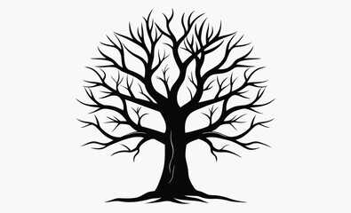 Bare tree silhouette, leafless tree drawing, spooky tree outline, hand drawn illustration