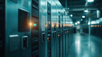 A sleek and modern data center featuring illuminated server racks, representing the digital age and technological advancement in data management and storage solutions.