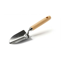 Fototapeta premium A polished, slightly textured, metal garden trowel with a light-brown wooden handle is shown against a plain white background.
