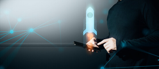 hand of businessman interactive touching a holographic of transaction financial network data...
