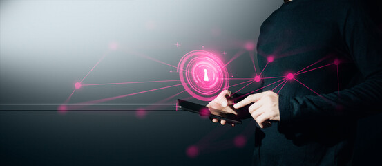 hand of businessman interactive touching a holographic of transaction financial network data...